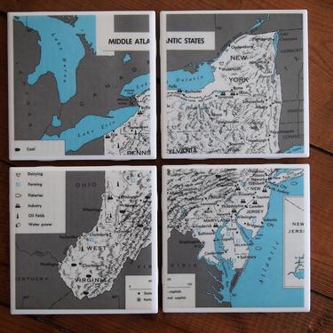 1971 Middle Atlantic US Vintage Map Coasters - Ceramic Tile Set of 4 - Repurposed 1970s Textbook - Pennsylvania New York Maryland Jersey WV 