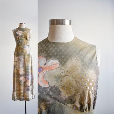 1970s Silver Floral Polka Dot Maxi Dress 