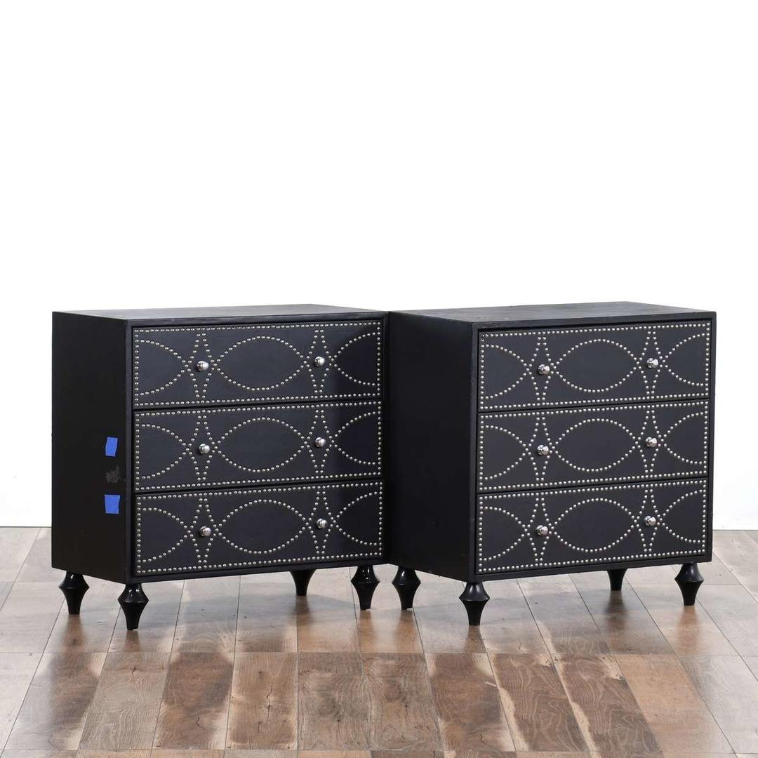 Pair Of Contemporary Black Studded Leather Nightstands Loveseat (Los