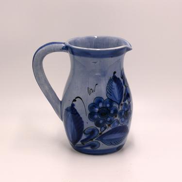 vintage mexican pottery pitcher/blue pottery/bird motif/signed mexico 