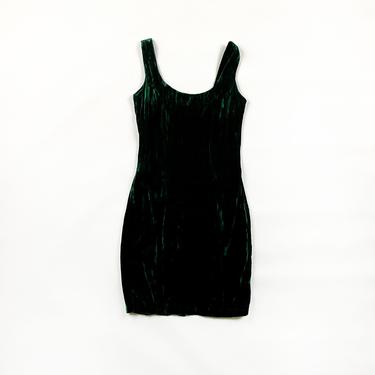 80s Betsey Johnson Punk Label Green Crushed Velvet Fitted Mini Dress / Tank Dress / Small / Petite / Goth / Holidays / Grunge / S / XS / 