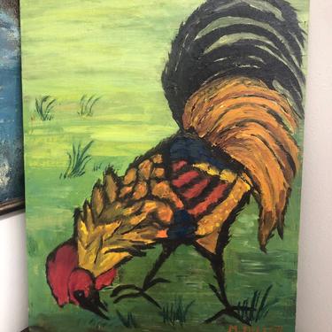 Signed 1970 Kitschy Rustic Farmhouse Rooster in Field Oil Painting on Canvas Board Vivid Bright Red Orange Tones light Texture Art Decor 