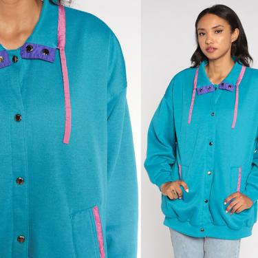 Turquoise Windbreaker Jacket 80s Sweatshirt Jacket Blue Pink Cotton Blend Jersey Vintage 1980s Snap Up Small Medium Large 