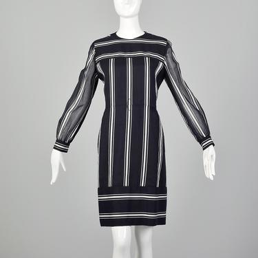 Large Suzy Perette Navy Dress 1960s White Striped Pattern Lightweight Long Sleeve Dress 