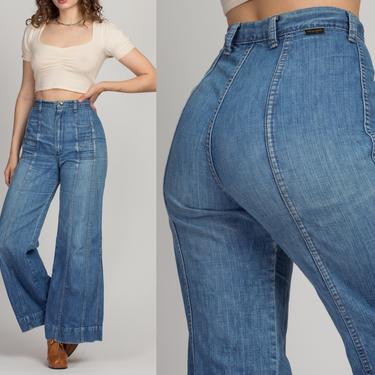 60s 70s Wrangler Denim Bell Bottoms - Men's Small, Women's Medium, 30&quot; | Vintage Unisex High Waist Flared Leg Jeans 