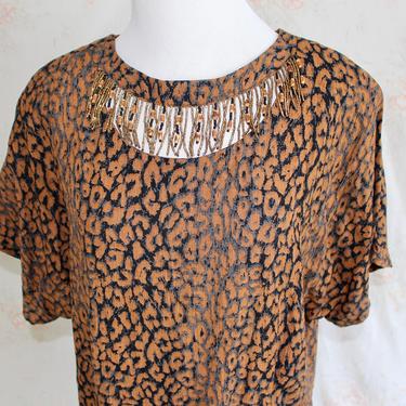 Vintage 80s Cutout Blouse, 1980s Leopard Top, Animal Print, Beaded, Shoulder Pads, Cut Out Shirt, Fringe, Tassels 
