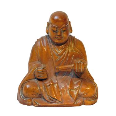 Wood Carved Lo Han Monk Statue In Deep Meditation Praying Position n247E 