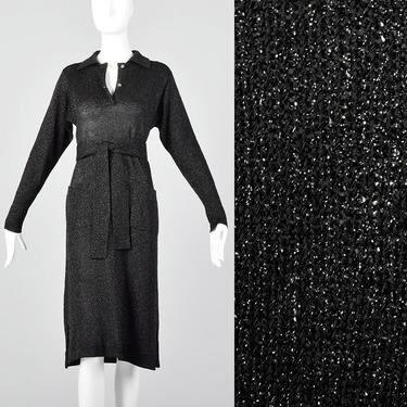 Large 1970s Black Lurex Dress Vintage Disco Dress 70s Black Knit Dress Vintage Knit Dress Long Sleeve Dress 