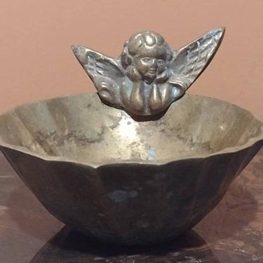 Vintage Solid Brass Cherub Angel Candy Dish Accessory Bowl 6" 