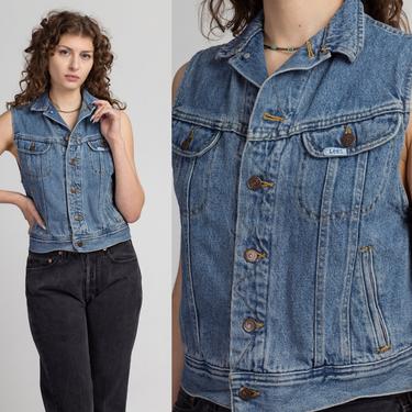 90s Lee Flannel-Lined Denim Vest - Small | Vintage Blue Jean Sleeveless Button Up Cropped Top 