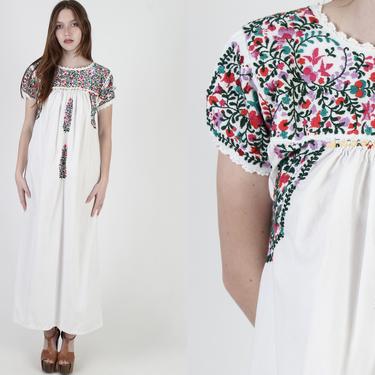 Traditional White Oaxacan Maxi Dress / Cotton Heavily Embroidered Mexican Dress / Womens Authentic Pueble Frida Dress 