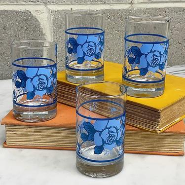 Vintage Juice Glasses Retro 1960s Mid Century Modern + Crisa by Libbey + Clear Glass + Blue Flower + Set of 4 + Kitchen Decor + Drinking 