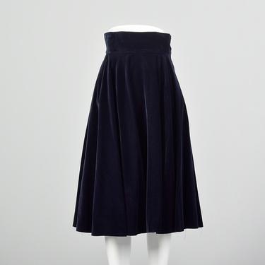 XS Anne Klein 1980s Navy Blue Velvet Full Circle Knee Length Skirt 