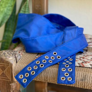 1980's Cobalt Blue Leather Tie Belt / Vintage Leather Grommet Belt / Statement Belt 