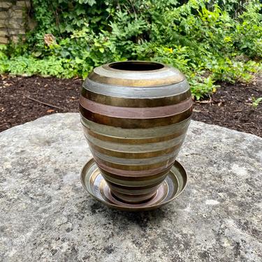 Vintage Brass &amp; Enameled Pastel Striped Planter or Vase with Removable Under Bowl 