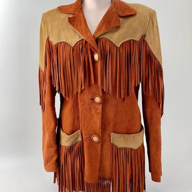 1950's 2-Tone Western Suede Jacket - 7 Inch Long Fringe - Fully Satin Lined - 2-Tone Suede Buttons - Women's Size Medium 