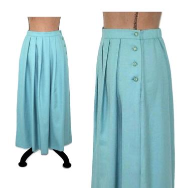 80s High Waisted Maxi Skirt, Pleated Long Wool Blend, Aqua Mint Light Blue Pastel, Vintage Clothing 1980s Clothes Women Small Size 6 LUCIA 