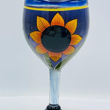 Hand Blown Mexican Wine Glass with Hand Painted Sun Flower  Lilly/Leaves- 15 oz 