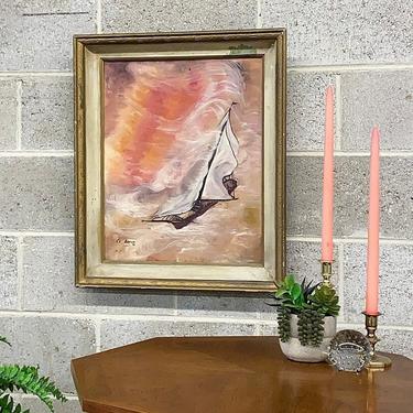 Vintage Ship Painting 1970s Retro Size 24x21 Bohemian + CE Brown + Boat Sailing on Water + Pink +Orange + Psychedelic + Boho + Home Wall Art 