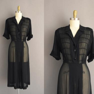1940s vintage dress | Jet Black Semi Sheer Cocktail Party Bridesmaid Dress | XL | 40s dress 