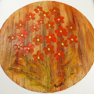 Vtg SIGNED RUSSELL IMPASTO TEXTURED OIL PAINTING ART Abstract Flowers, PNW MCM