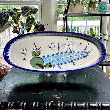 Large Vintage Ken Edwards Stoneware Pottery Tray, Platter, Serving Dish - Hand Painted, Bird Butterflies Flowers, Rustic Mid Century Mexico 