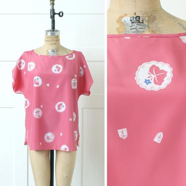 vintage 1980s Malama Hawaii blouse • loose fit vivid pink Japanese iris print short sleeve top 