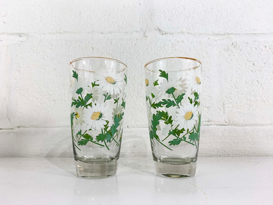 Vintage Set 3 Libby Blue Retro Floral Juice Drinking Glasses Boho Flower  Power