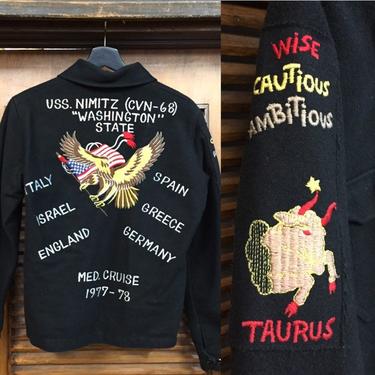 Vintage 1970’s Wool Souvenir Tour Jacket, Taurus, Zodiac Patch, Workwear Style, USS. NIMITZ, Vintage Clothing 