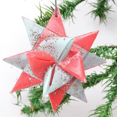 Vintage Hand Made Moravian Christmas Star Ornament, German Froebel Star Folded Paper with Glitter 