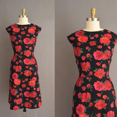 vintage 1950s dress | Gorgeous Red Rose Black Cotton Holiday Cocktail Party Dress | Large XL | 50s vintage dress 