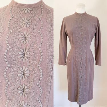 Vintage 1960s Taupe Wool Embroidery Dress / XS 