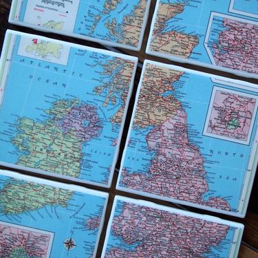1954 Great Britain Ireland Vintage Map Coaster Set of 6. Northern Ireland Map. Scotland Gift. England Map. London. British Décor. Irish Gift 