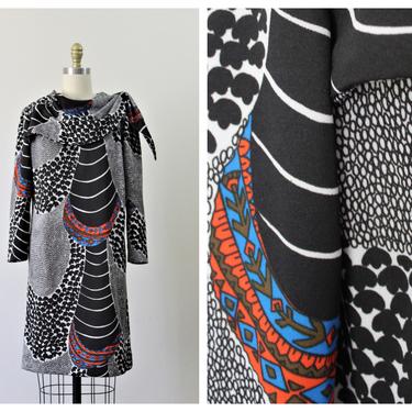 Vintage 1960s 60s Designer BURT STANLEY California Mod Abstract Graphic Op Art Scarf Poly Knit Sheath Dress // US 6 8 