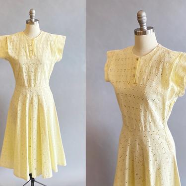 1950s Yellow Eyelet Dress / Yellow Cotton Day Dress / 50s Dress / Fit and Flare / Size Small 