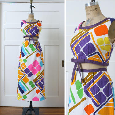 vintage 1960s bright summer dress set • abstract bold color crop top &amp; long maxi skirt 