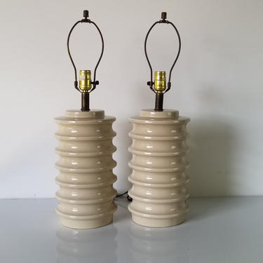80's Postmodern Beige Glaze Ceramic Table Lamps - a Pair 