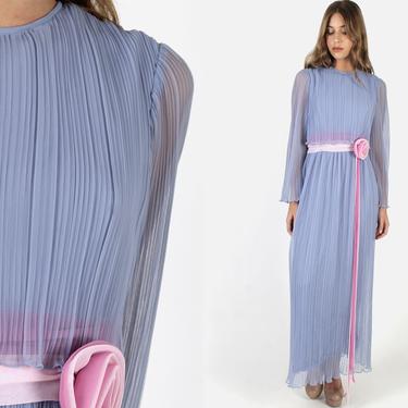 Vintage 70s Periwinkle Chiffon Dress / Long Pleated Sheer Bell Sleeve Dress / Pink Rosette Sash Sheer Lined Gown Maxi Dress 