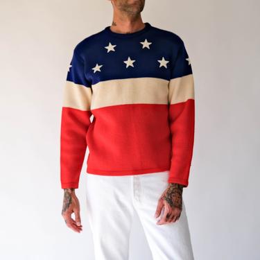 Vintage SKANE Distressed American Flag Pullover Sweater w/ Embroidered Star Applique | Made in Sweden | 100% Pure Wool | Designer Sweater 