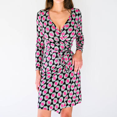 Vintage 90s Diane Von Furstenburg Black Silk Wrap Dress w/ Mint & Fuchsia Geometric Print | 100% Silk | 1990s DVF Designer Silk Dress 