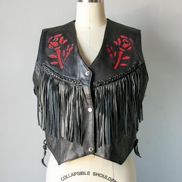 1980s Leather Vest Black Fringe Rose Biker Top S 