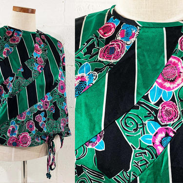 Vintage Silk Blouse Diane Freis Flower Print Drawstring Shirt Top 3/4 Sleeve Batwing Floral Black Green Pink 80s 1980s Small Medium Large 