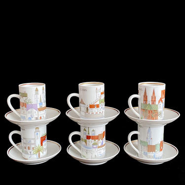 Vintage Mid Century Modern 1960s 1970s Set of 6 Swiss Langenthal Demitasse Cups and Saucers Depicting Swiss Cities Switzerland 