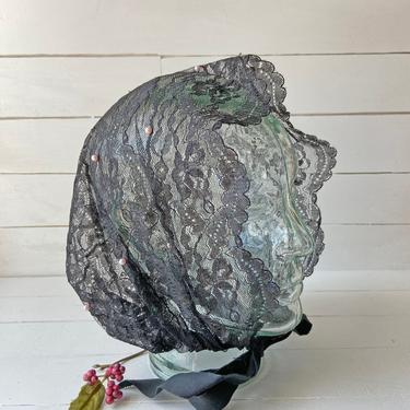 Vintage Black Lace Bonnet With Pearl Beads // Vintage Black Bonnet // Amish Bonnet // Antique French Bonnet // Perfect Gift 