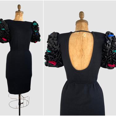 ST. JOHN By Marie Gray Vintage 80s Dress | 1980s Designer Black Sweater Midi Knit w/ Puffy Cha Cha Sleeves, Peek a Boo Back | Small Medium 