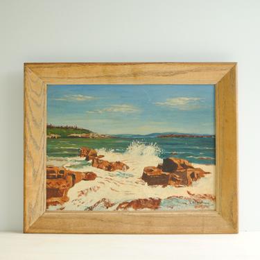 Vintage Ocean Painting of Waves Crashing on Rocks, Original Seascape Oil Painting, Oceanscape Painting, Beach Painting, Mid Century Painting 