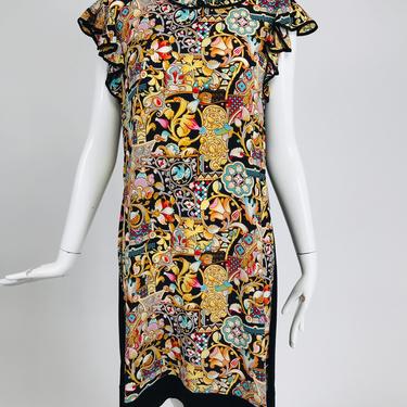 Louis Vuitton Silky Printed Front Knit Back Ruffle Sleeve Dress XL