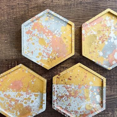 Rustic Mixed Metal Splash Hexagon Concrete Coasters, Set of 4 - Gold, Silver and Rose Gold Accents 