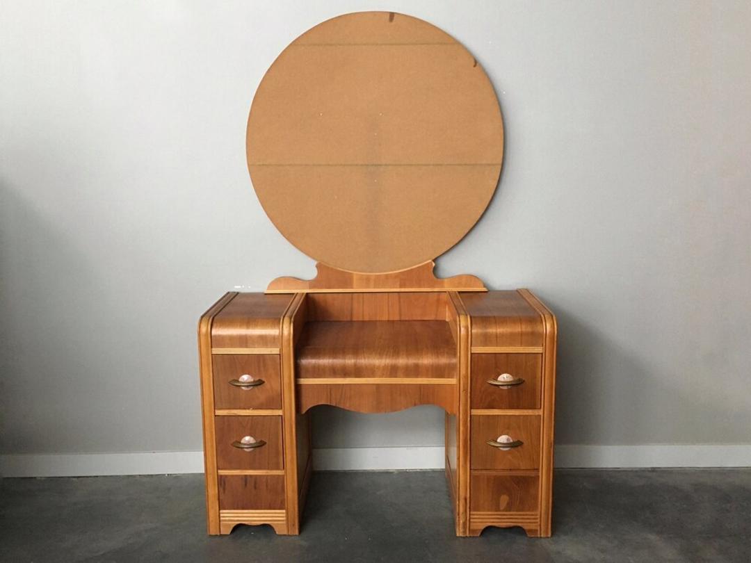 vintage art deco waterfall vanity with round mirror by F. ReRunRoom