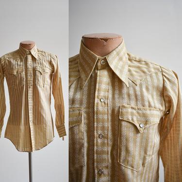 1970s Tan &amp; White Rockmount Ranchwear Western Snap Up Shirt 